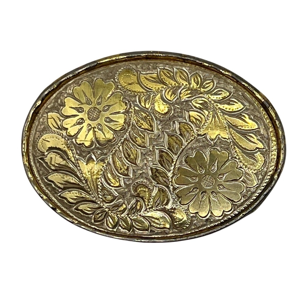 W USA western floral belt buckle gold silver engraved oval two-toned 70s-80s